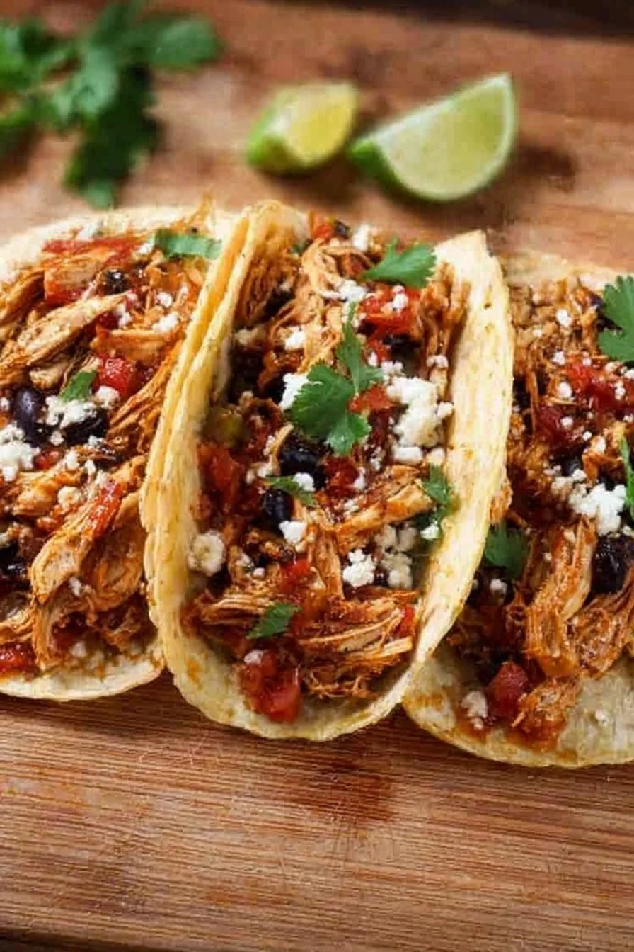 Slow cooker chicken tacos garnished with fresh toppings
