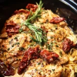 Delicious Slow Cooker Tuscan Chicken served with herbs and vegetables