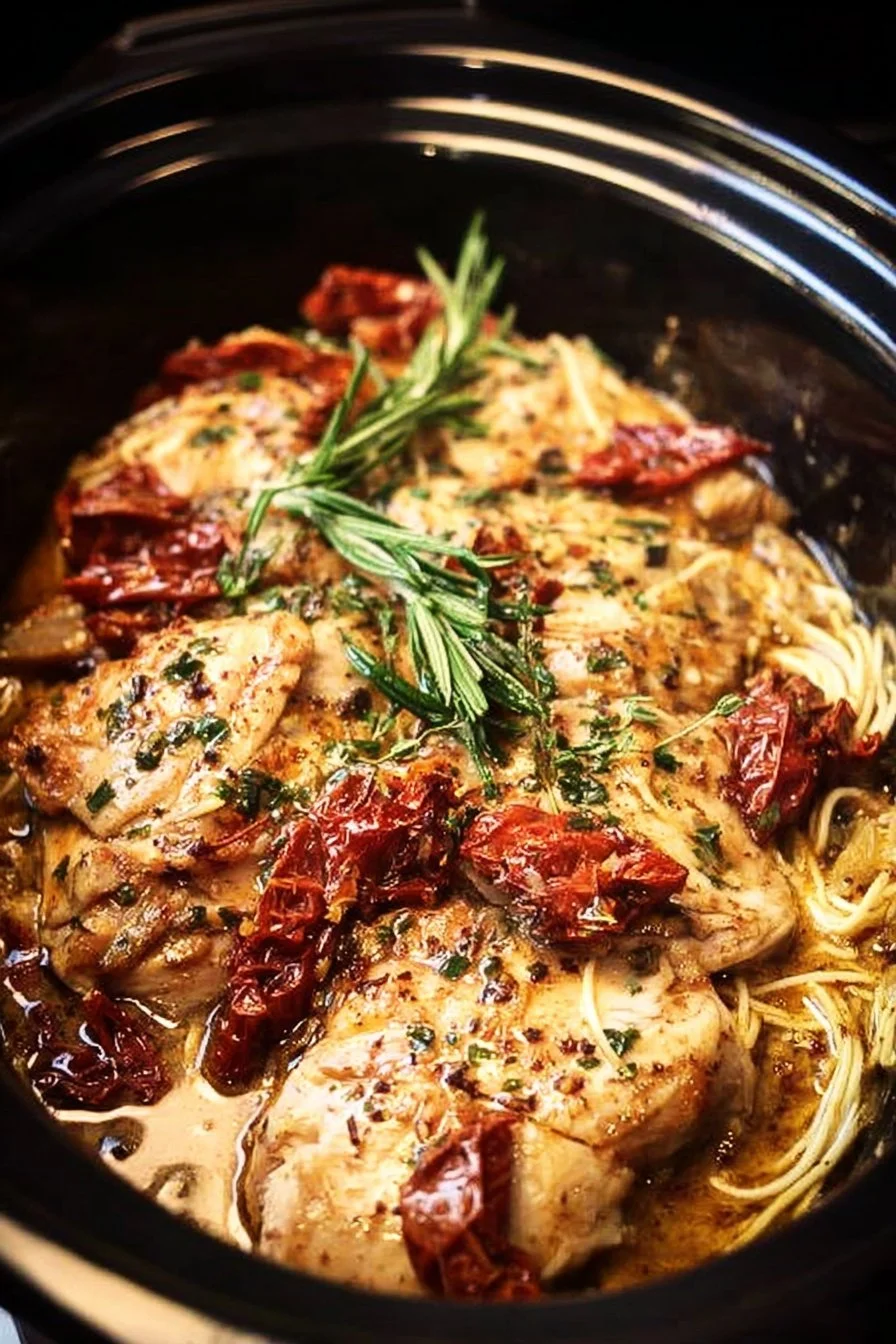 Delicious Slow Cooker Tuscan Chicken served with herbs and vegetables