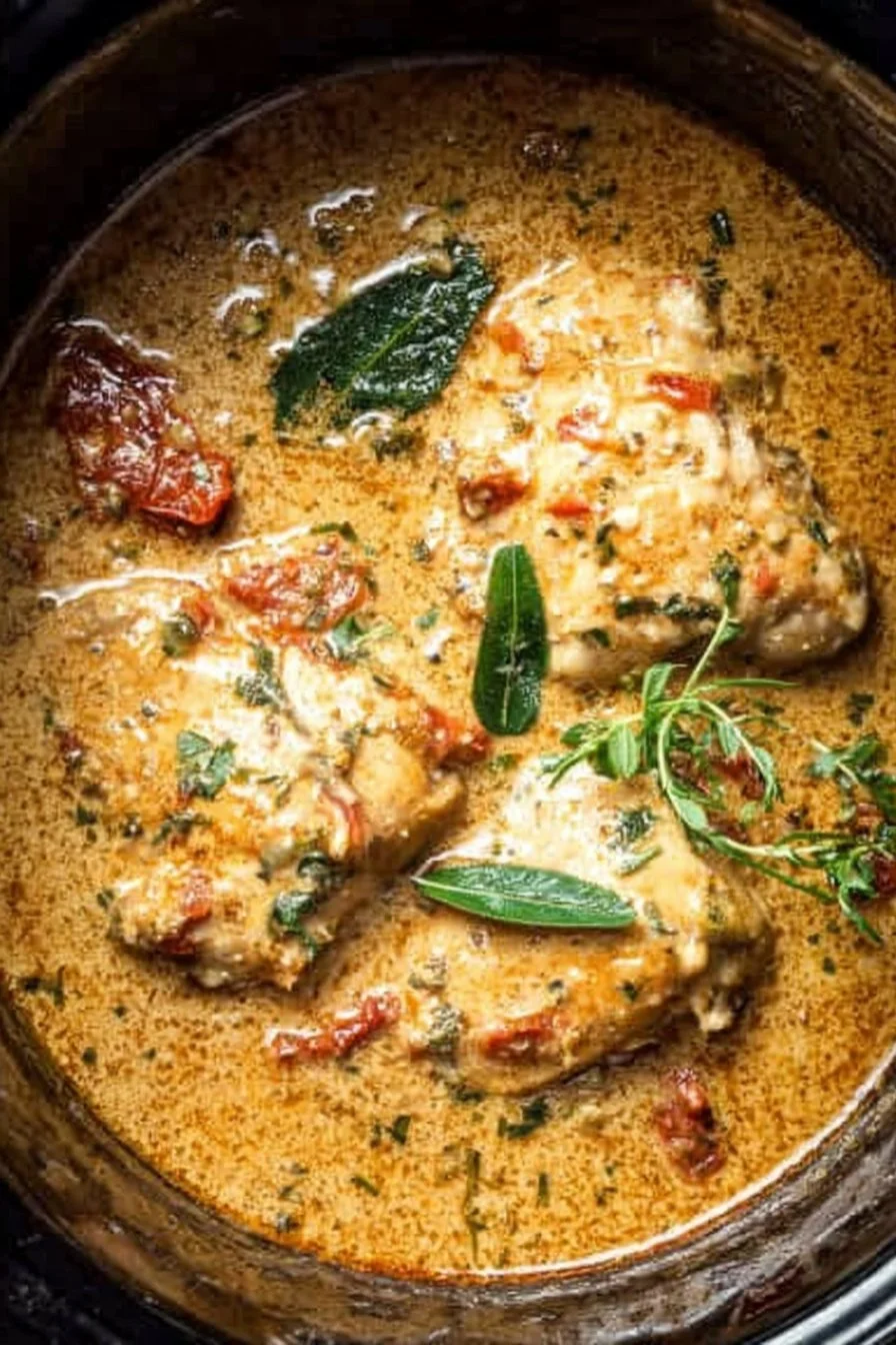 Delicious Slow Cooker Tuscan Chicken with fresh herbs and savory ingredients.