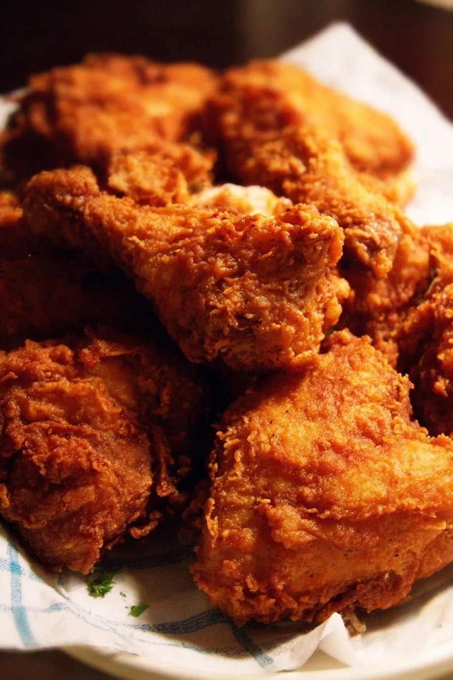 Plate of crispy Southern fried chicken garnished with herbs and served with sides.