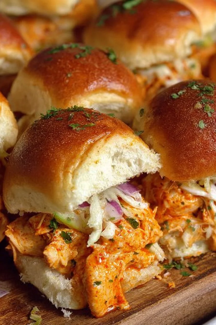 Spicy Buffalo Chicken Sliders 2 Spicy Buffalo chicken sliders served on a platter with ranch dressing