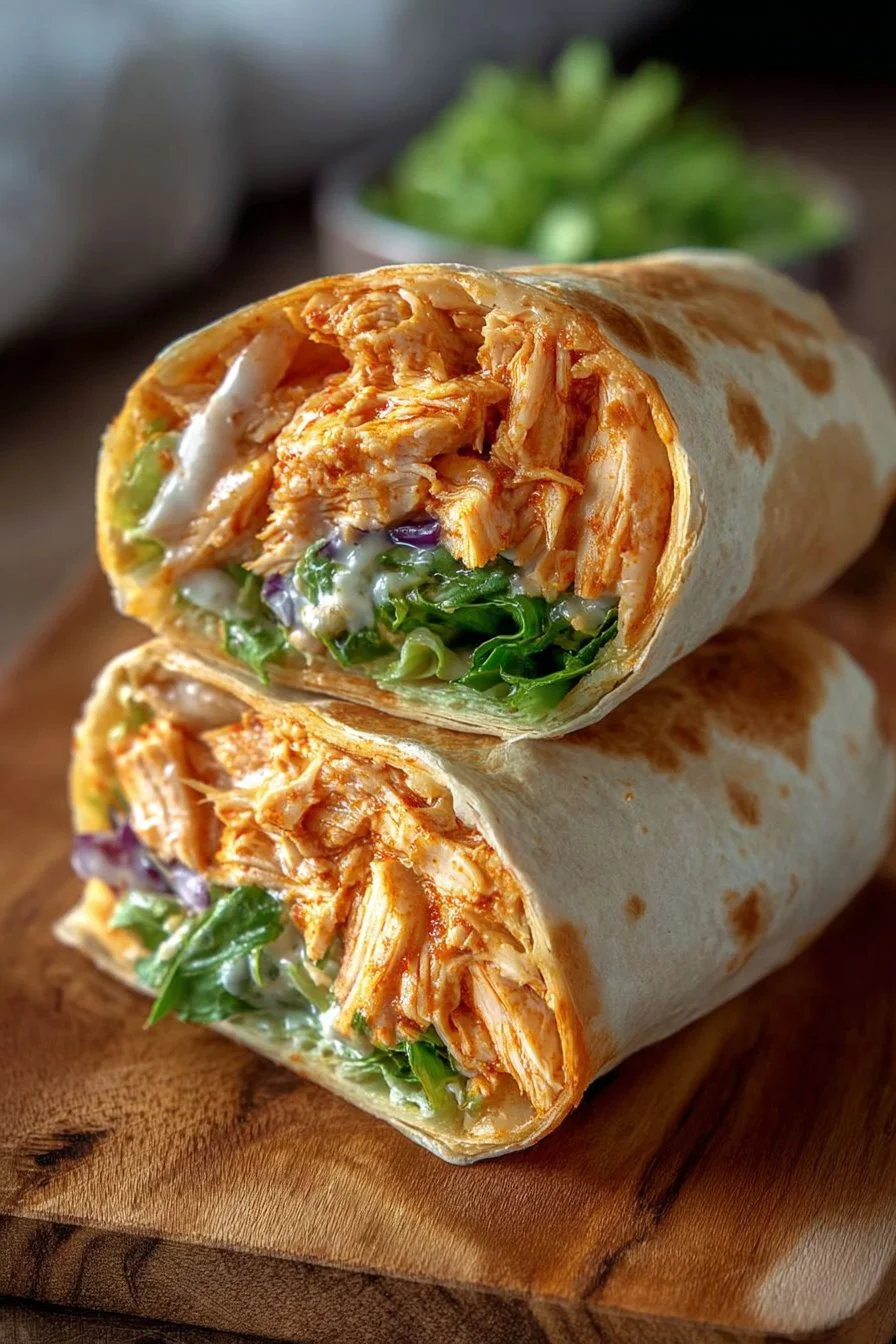 Delicious Spicy Buffalo Chicken Wrap with fresh vegetables and sauce