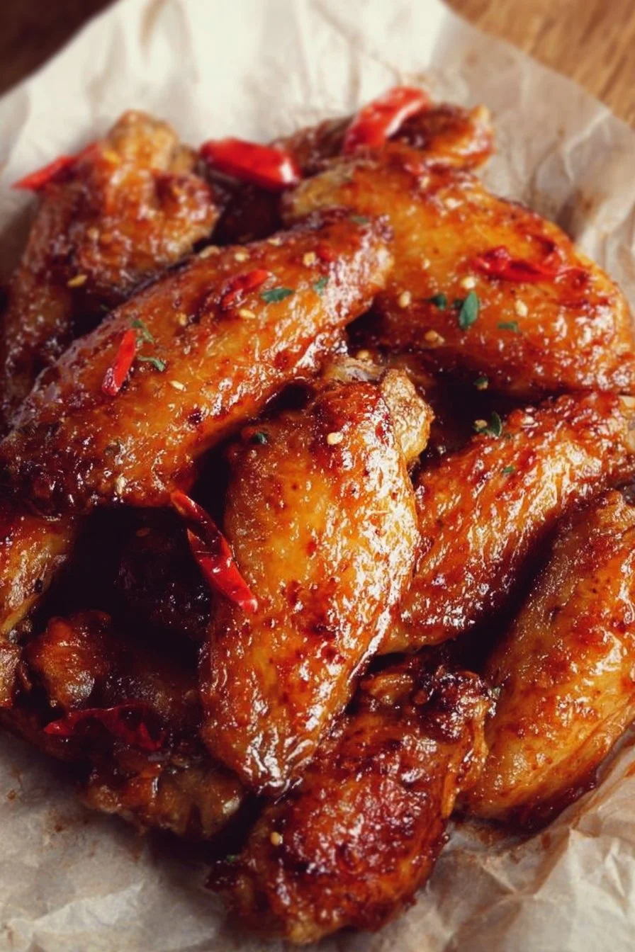 Delicious sweet chili chicken wings on a platter