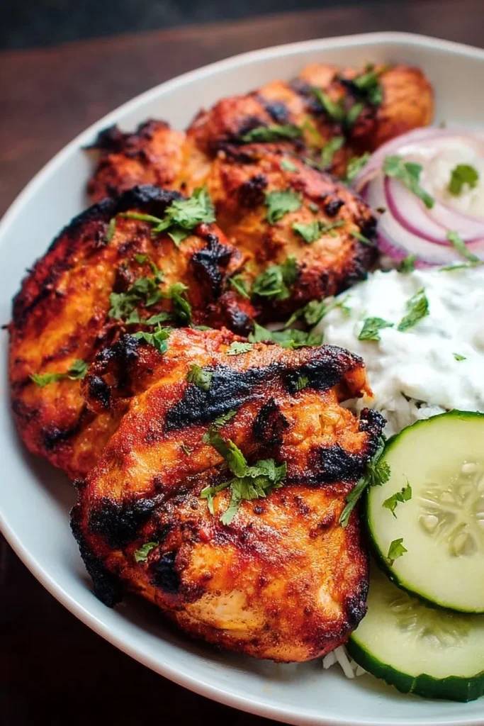 Deliciously grilled Tandoori Chicken marinated in spices, served with fresh herbs.