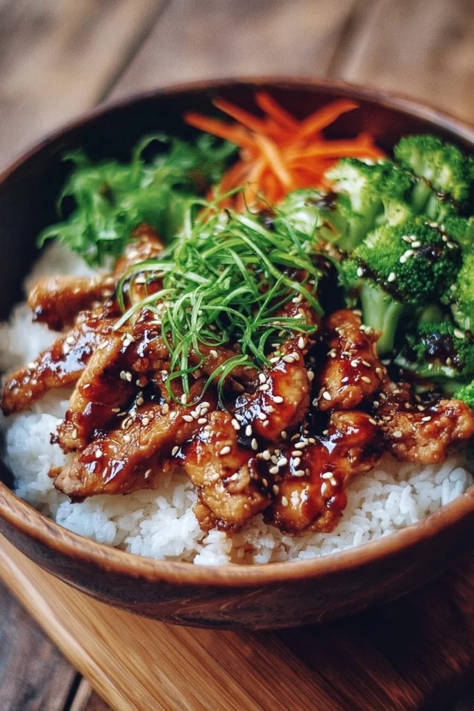 Teriyaki chicken bowl with fresh vegetables and sauce