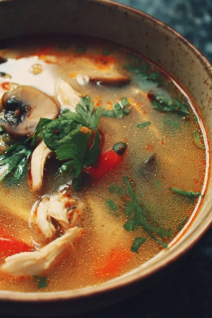 Bowl of Thai inspired chicken soup garnished with herbs and spices