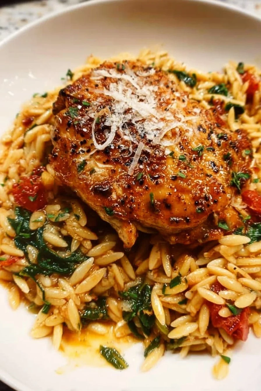Tuscan Chicken and Orzo 2 Delicious Tuscan chicken and orzo served on a plate with fresh herbs and vegetables