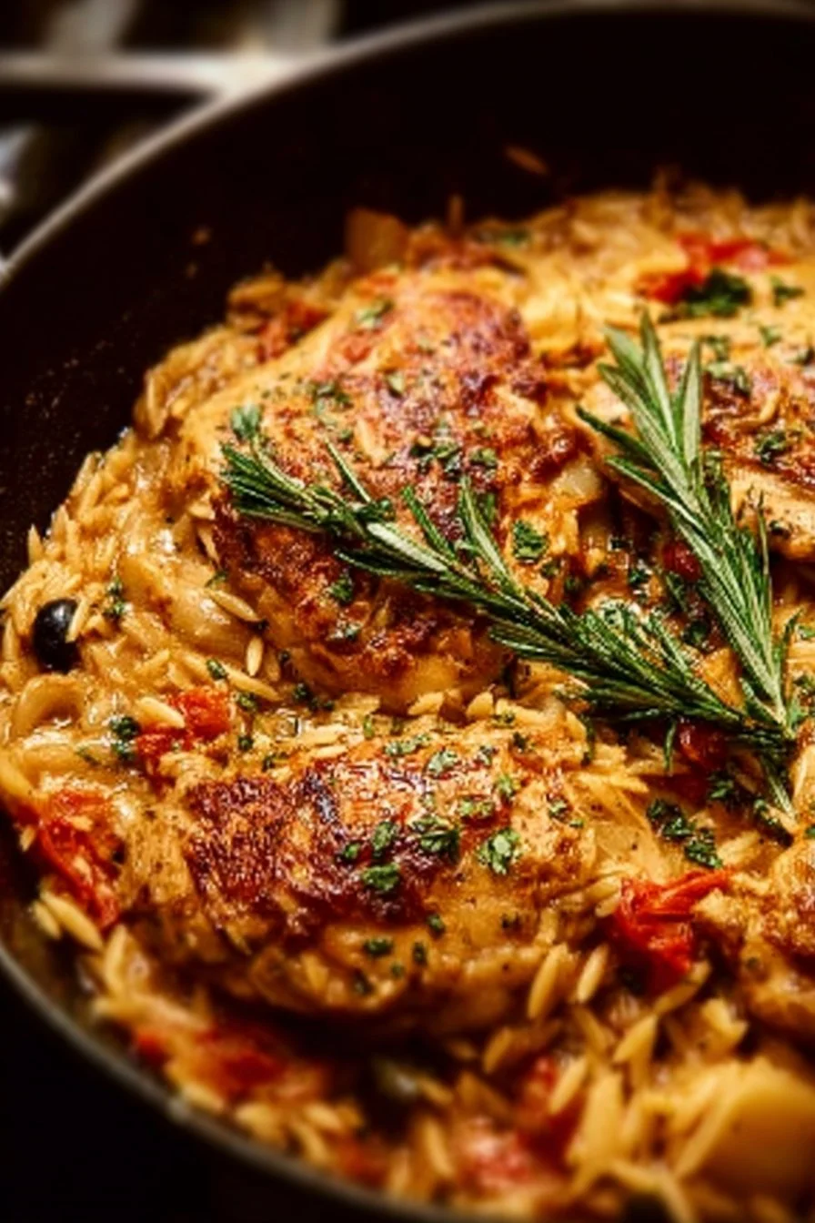 Delicious Tuscan Chicken & Orzo Skillet served in a skillet with vibrant vegetables
