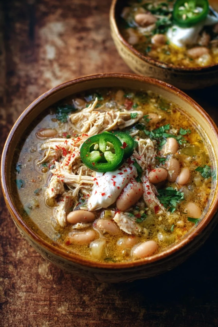 Delicious bowl of White Chicken Chili garnished with cilantro and lime