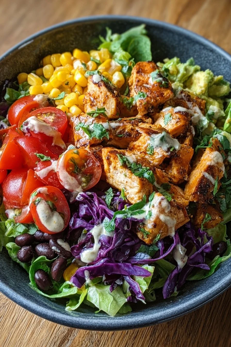 Zesty Southwest Chicken Salad Bowl 2 Bowl of Zesty Southwest Chicken Salad with fresh vegetables and grilled chicken