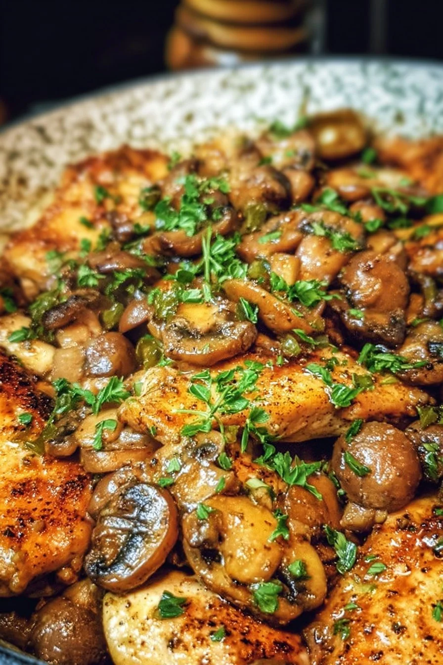20-Minute Skillet Mushroom Chicken 2 20-Minute Skillet Mushroom Chicken dish in a skillet with herbs and spices