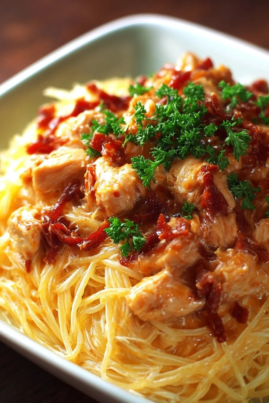 Delicious bowl of addictive chicken spaghetti with herbs and spices.