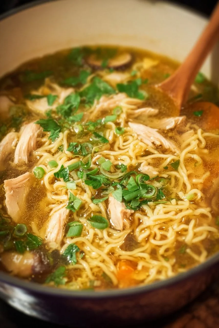 Bowl of Asian Chicken Noodle Soup with fresh vegetables and herbs