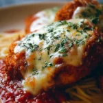 Plate of baked chicken parmesan with marinara sauce and melted cheese