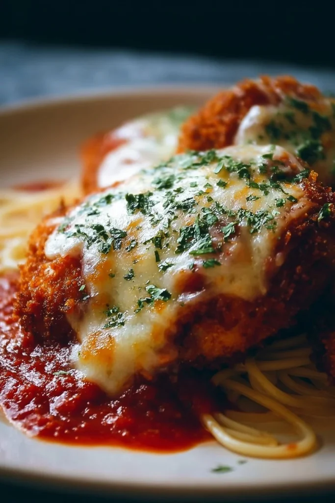 Plate of baked chicken parmesan with marinara sauce and melted cheese