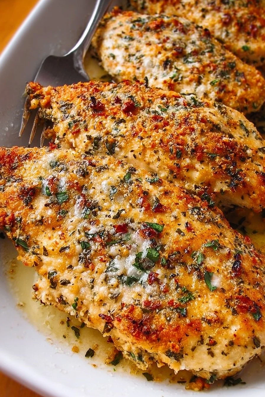 Baked garlic parmesan chicken served with herbs and vegetables