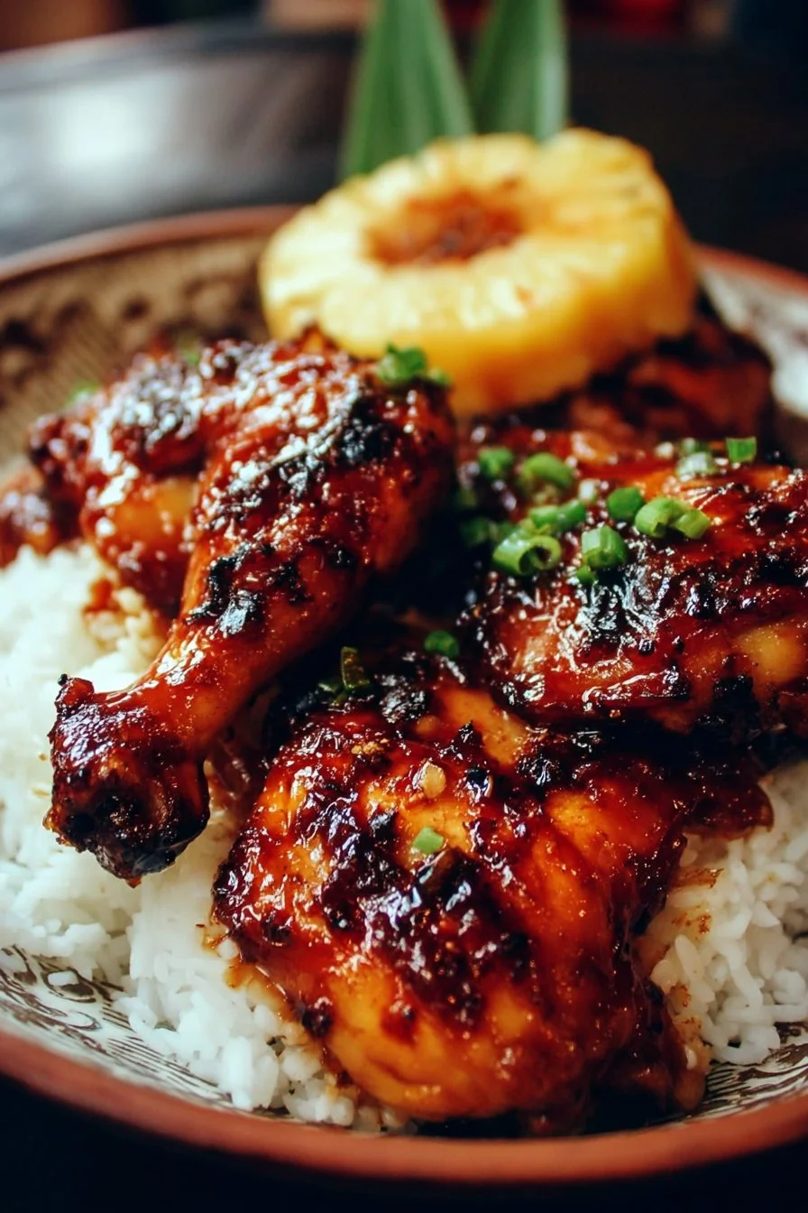 Baked Huli Huli Chicken served with fresh vegetables.