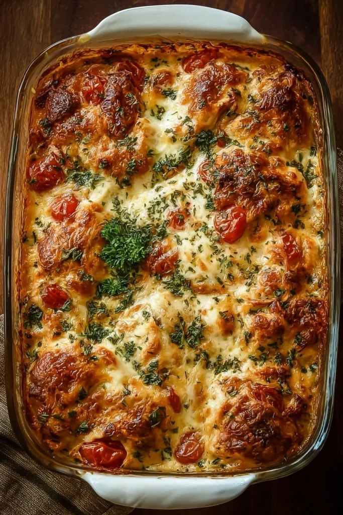 Delicious Baked Tuscan Chicken Casserole garnished with herbs and cheese