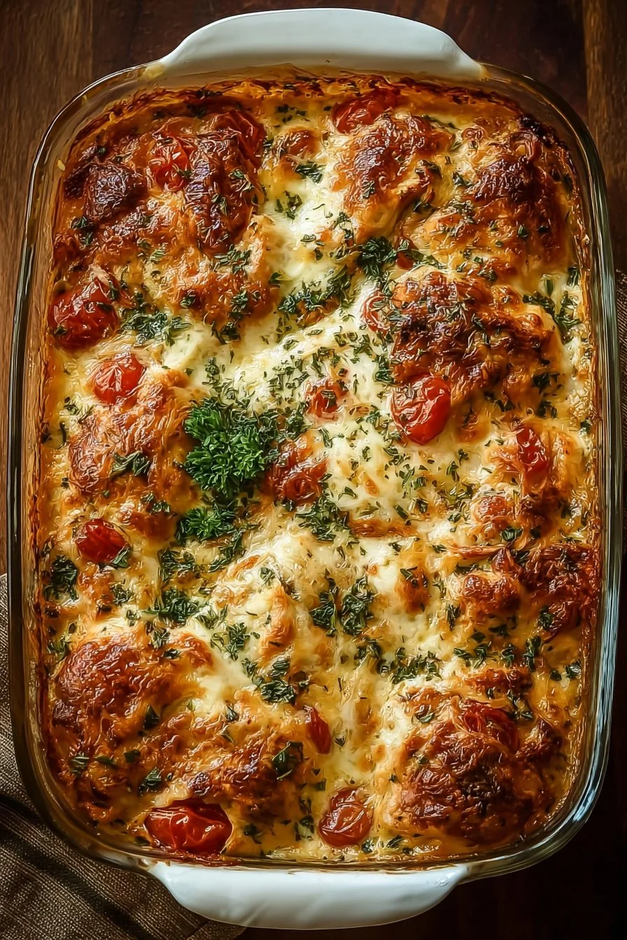 Delicious Baked Tuscan Chicken Casserole garnished with herbs and cheese