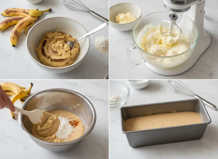 banana bread recipe cooking process collage