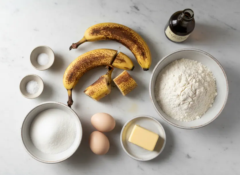 banana bread recipe ingredients flat lay