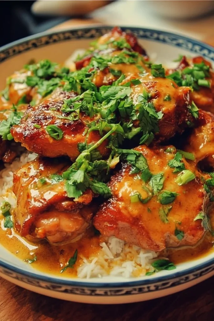 Delicious Bang Bang Chicken Thighs served on a plate garnished with fresh herbs