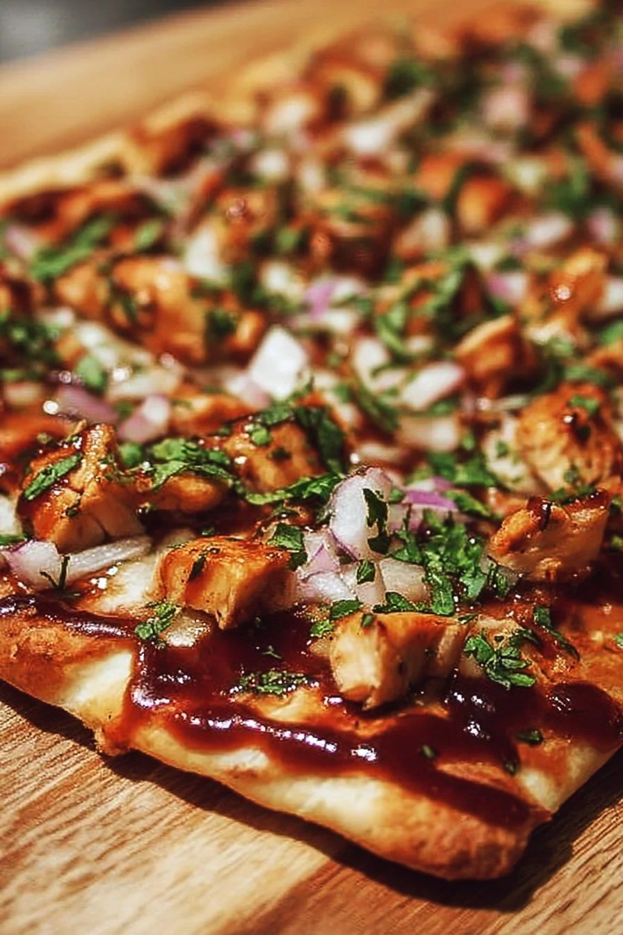 BBQ Chicken Flatbread Pizza topped with cheese and fresh herbs