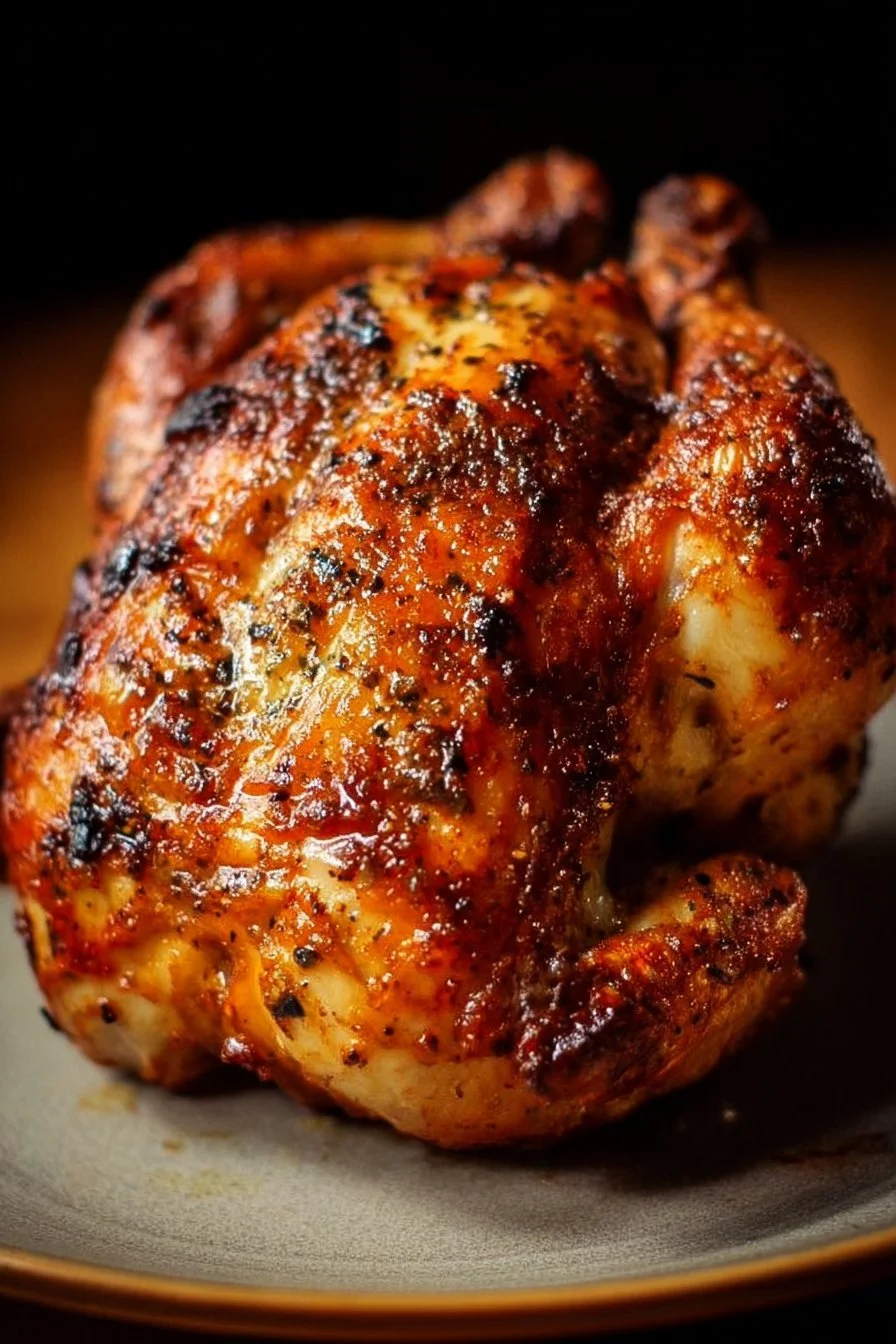 Juicy Beer-Can Chicken on the grill with vegetables and spices