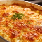 Buttery Million Dollar Chicken Casserole served in a baking dish