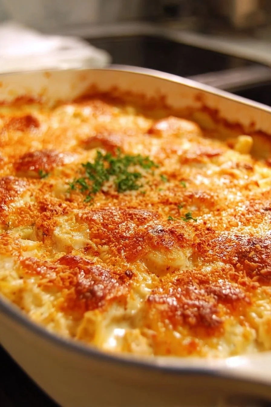 Buttery Million Dollar Chicken Casserole served in a baking dish