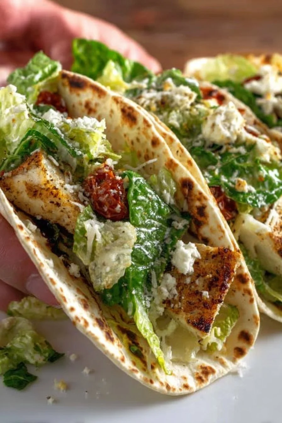 Delicious Caesar Salad Tacos topped with Romaine lettuce and Parmesan cheese.