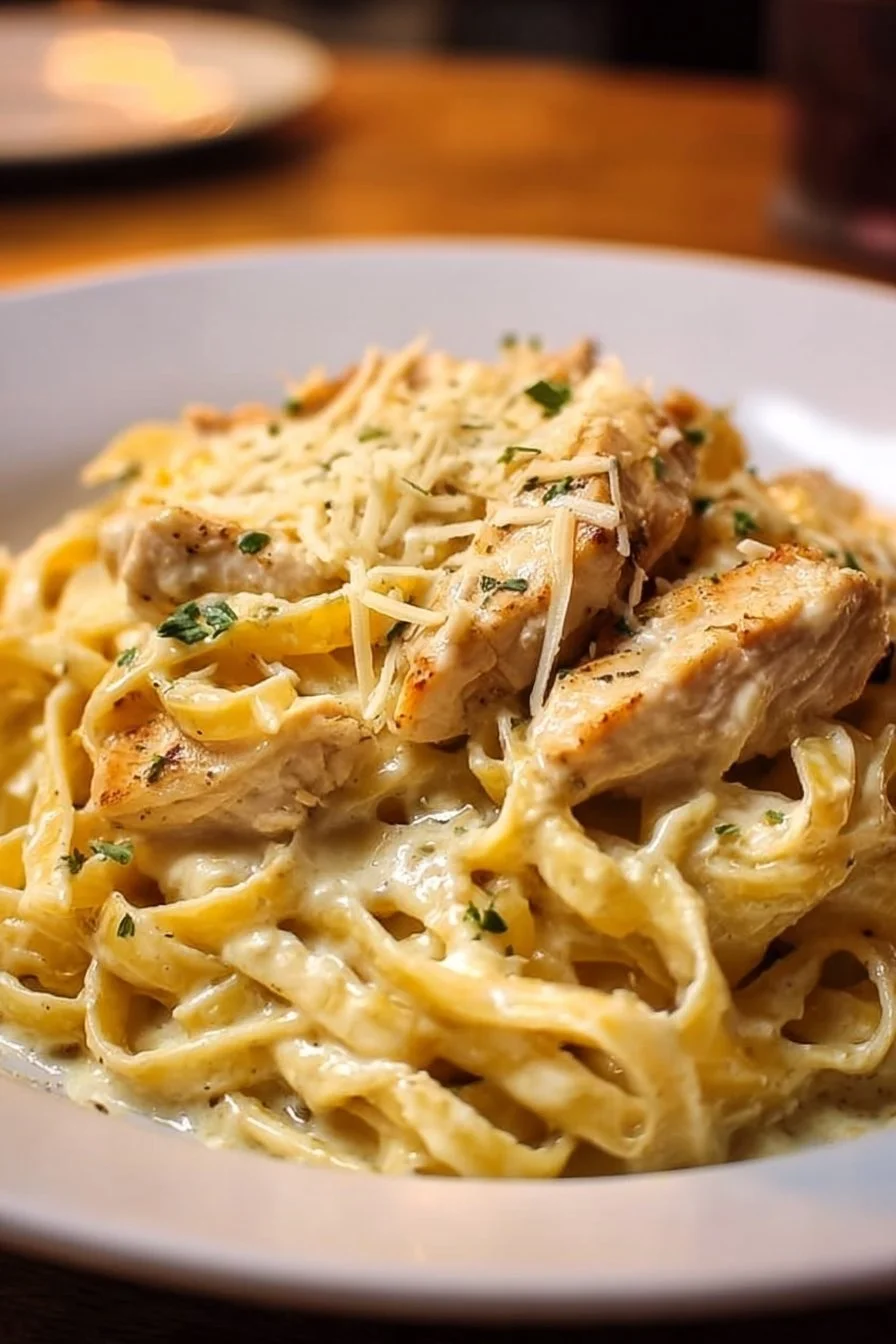 Cheesy One-Pot Chicken Alfredo Pasta served in a bowl