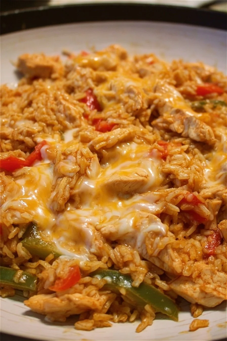 Cheesy Queso Chicken Fajita Rice Skillet 2 Cheesy queso chicken fajita rice skillet served in a skillet dish