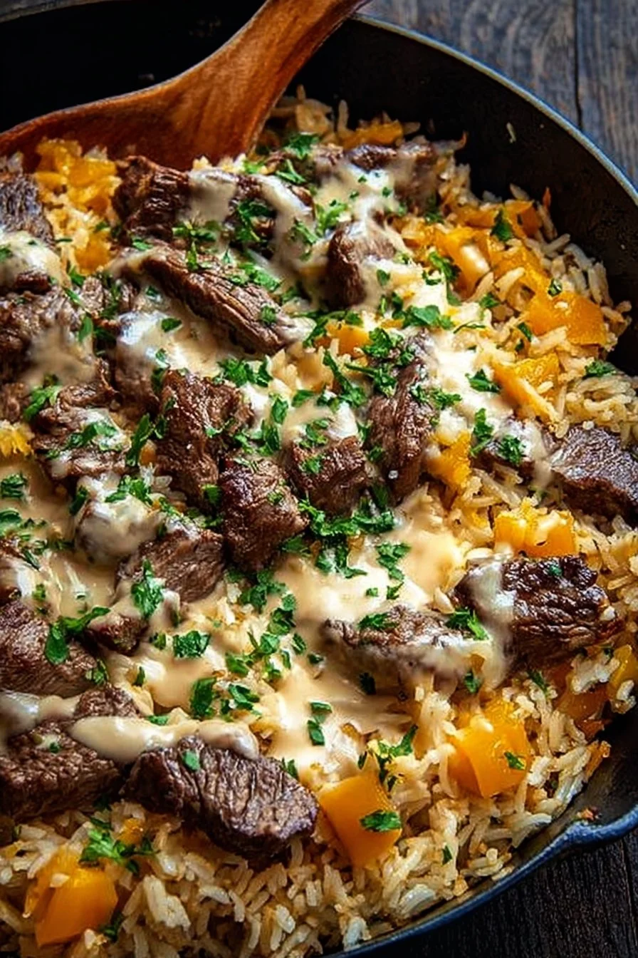 Cheesy Steak and Rice Skillet served in a cast iron pan with melted cheese on top.