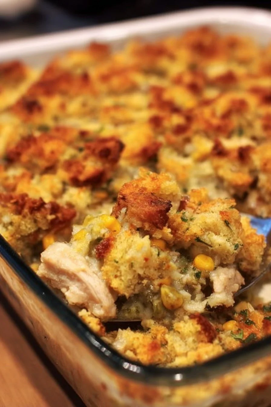 Delicious Chicken and Stuffing Casserole baked to perfection