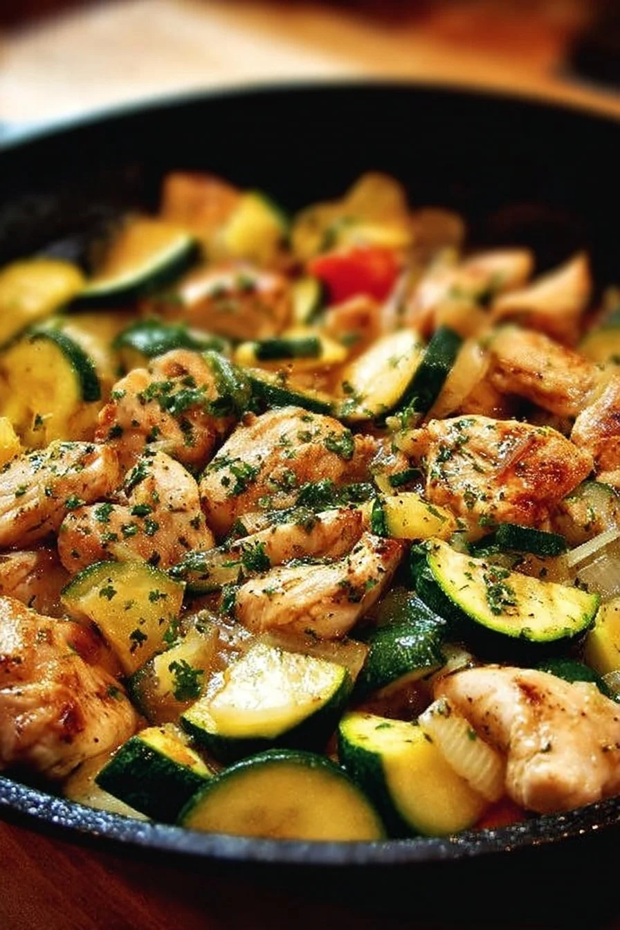 Chicken zucchini skillet with vibrant vegetables in a cast iron pan