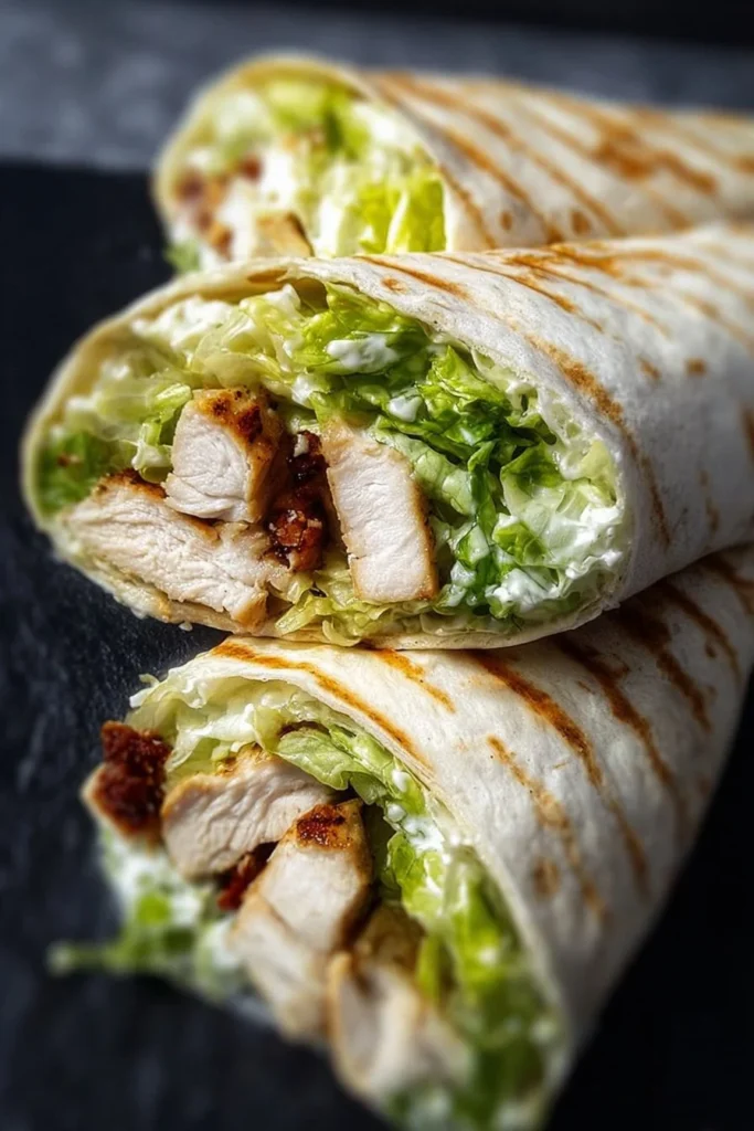 Delicious Chicken Caesar Wraps filled with grilled chicken, romaine, and Caesar dressing