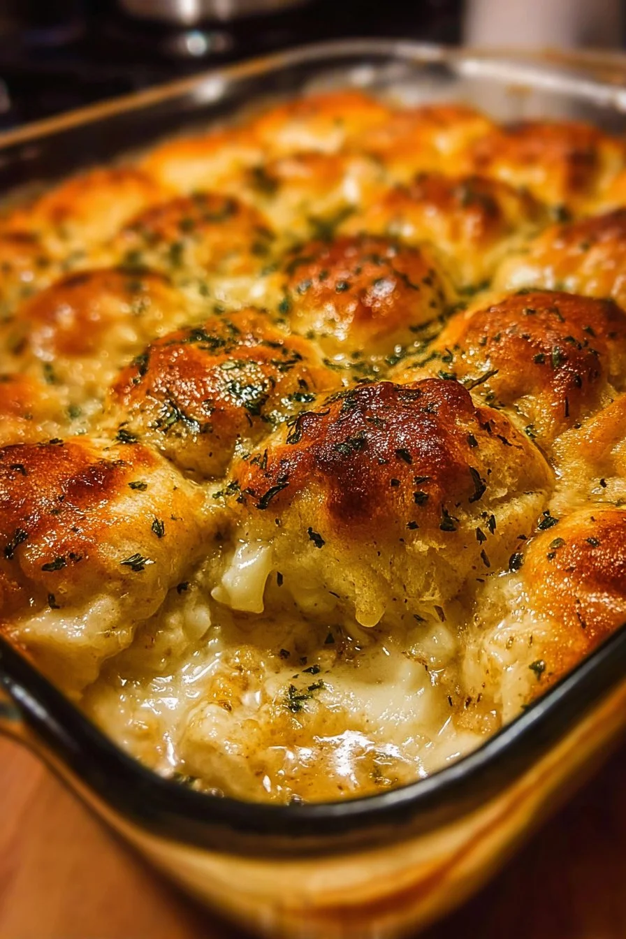 Chicken Crescent Roll Casserole topped with golden crescent dough
