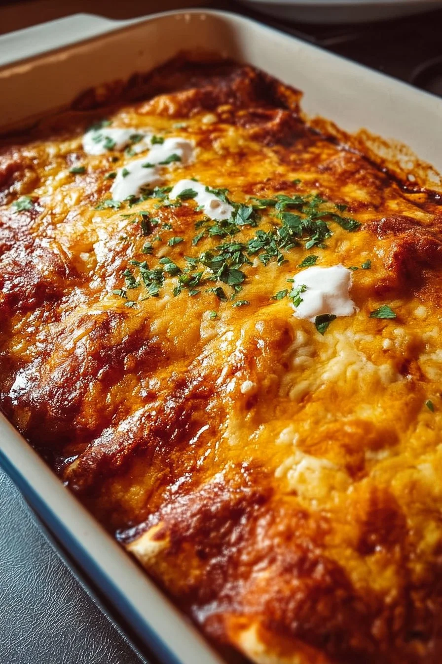 Delicious homemade Chicken Enchiladas topped with cheese and fresh ingredients.