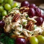 Chicken salad with grapes and pecans served in a bowl