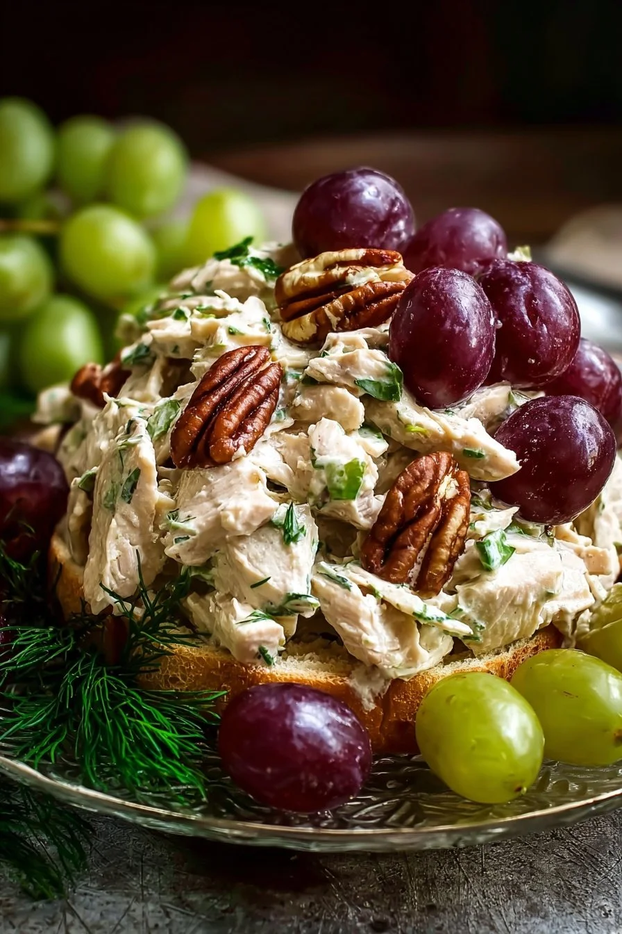 Chicken Salad with Grapes and Pecans 4 Chicken salad with grapes and pecans served in a bowl