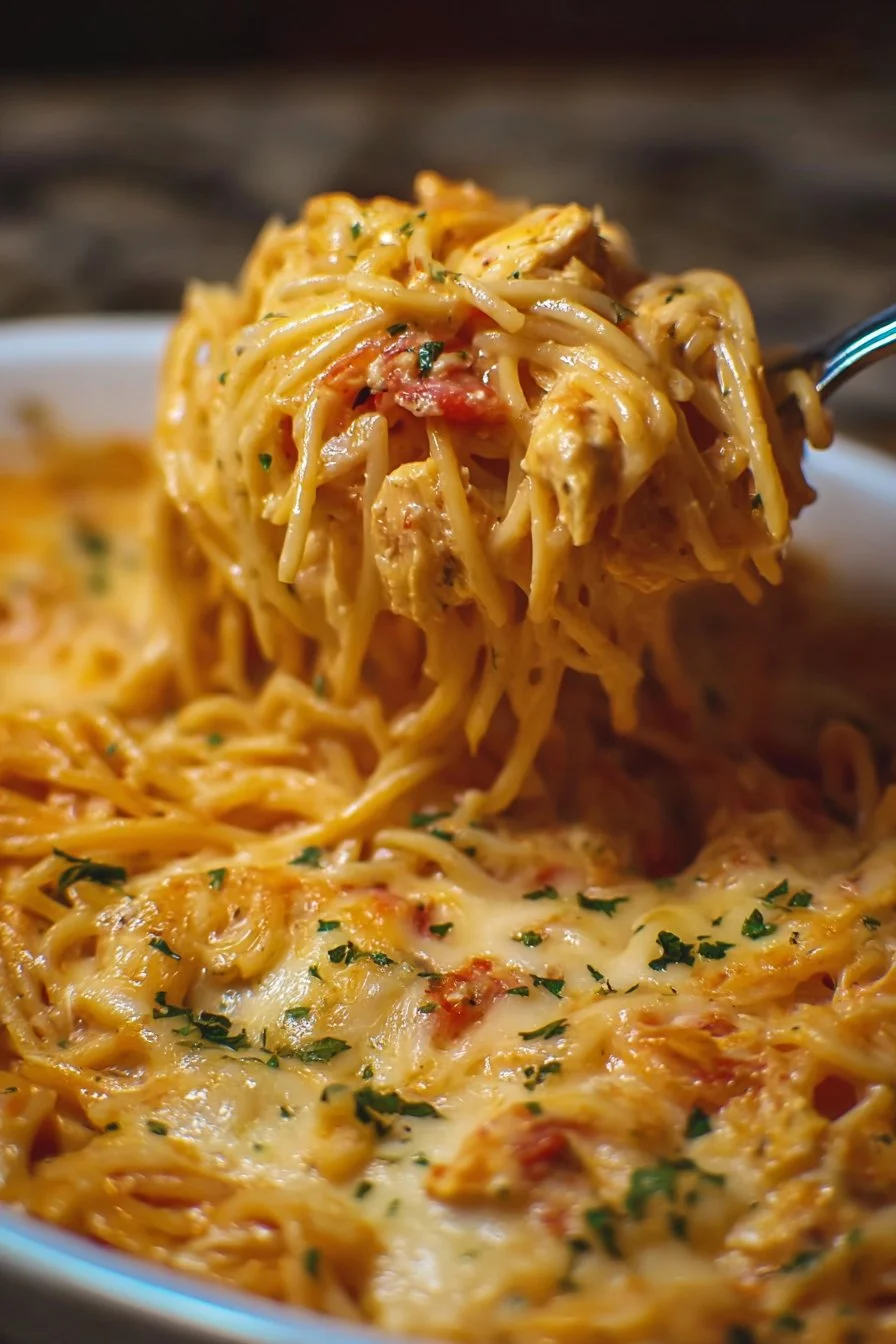 Delicious Chicken Spaghetti Casserole topped with cheese and baked to perfection.