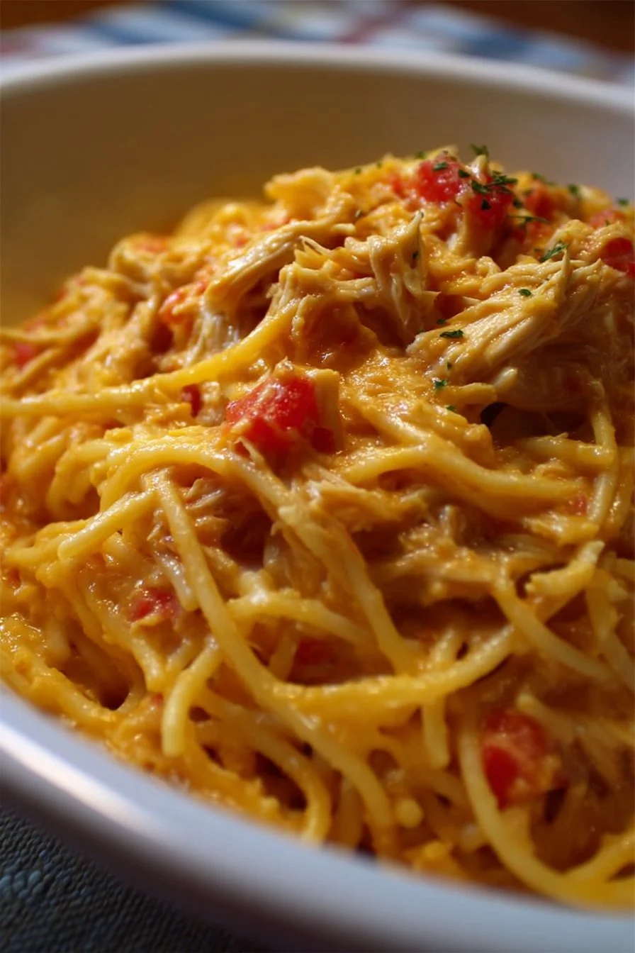 Delicious Chicken Spaghetti with Rotel served in a bowl