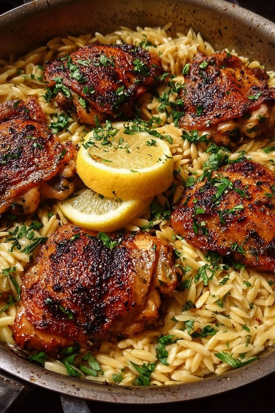 Creamy lemon garlic orzo served with succulent chicken thighs