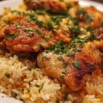 A plate of Chicken Rice featuring succulent chicken pieces and flavorful rice.