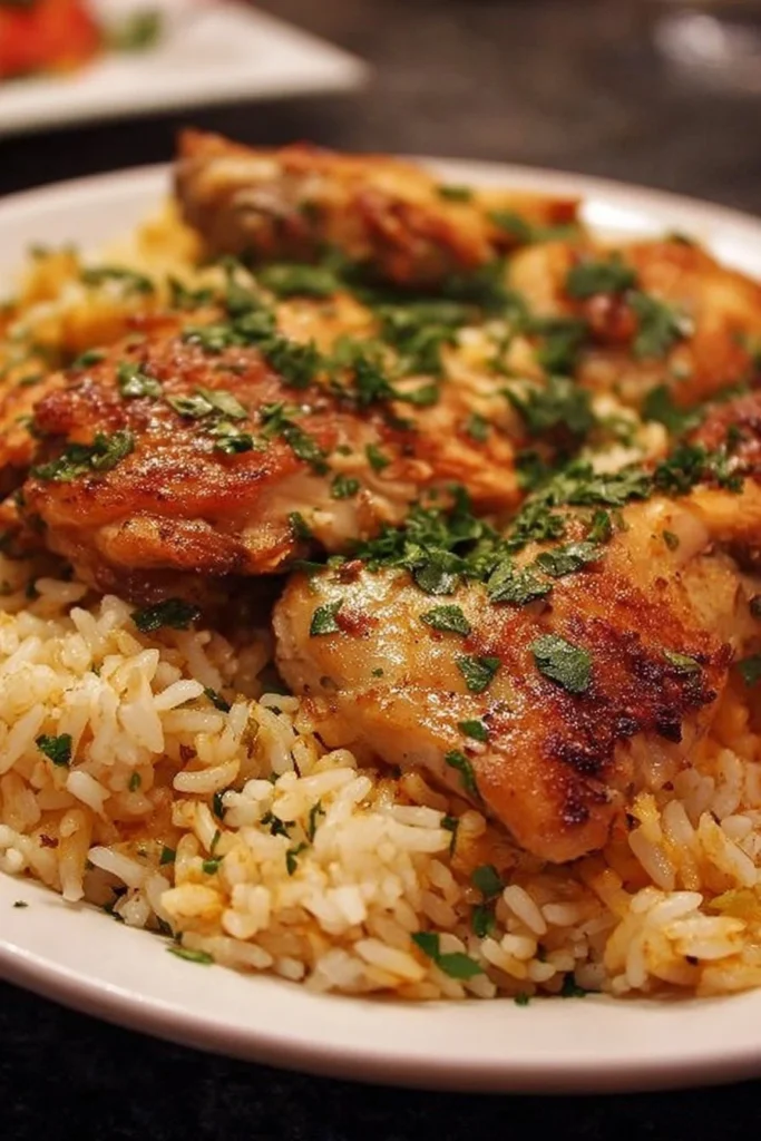 A plate of Chicken Rice featuring succulent chicken pieces and flavorful rice.