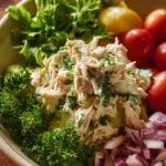 Bowl of classic chicken salad with vegetables and dressing