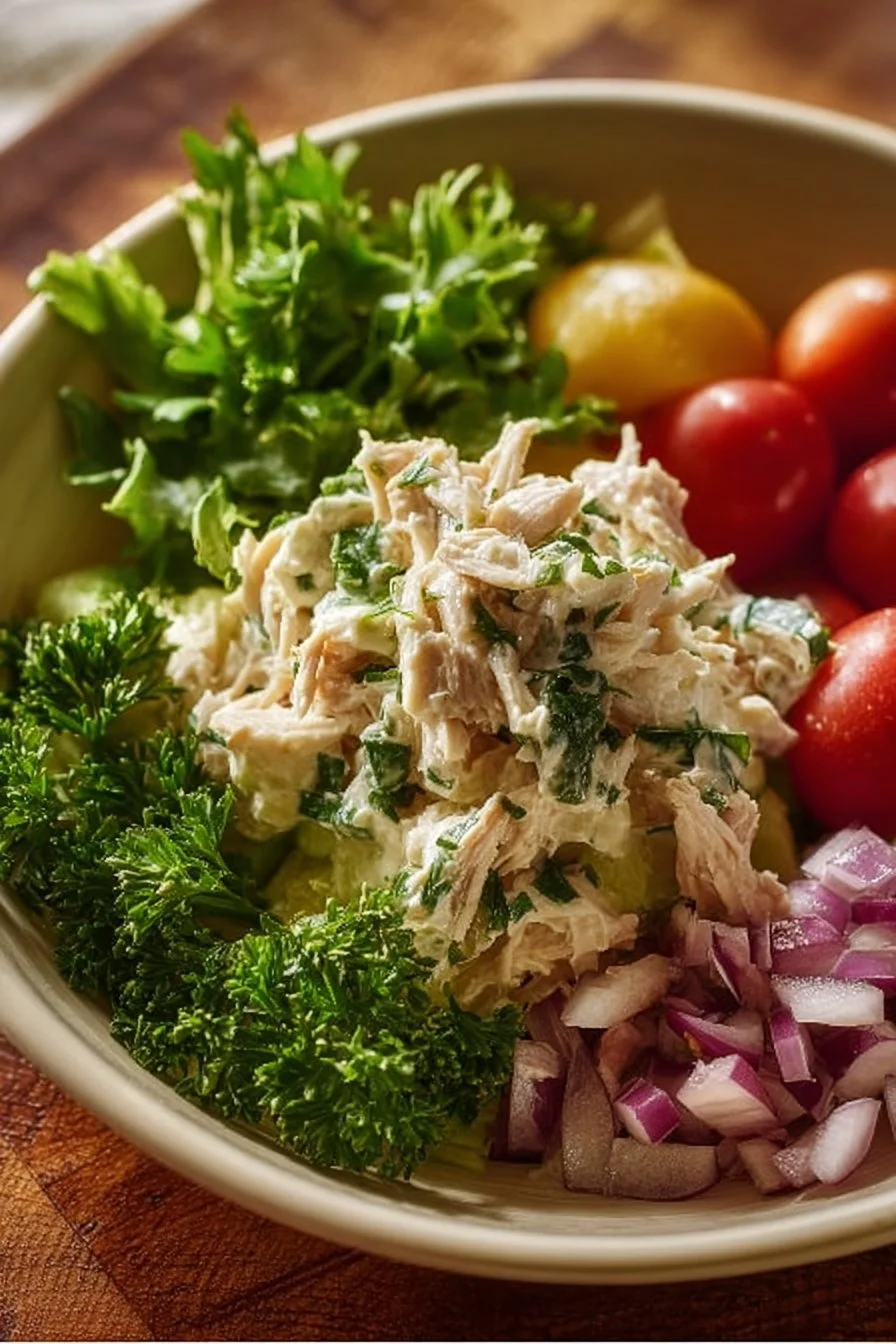 Bowl of classic chicken salad with vegetables and dressing