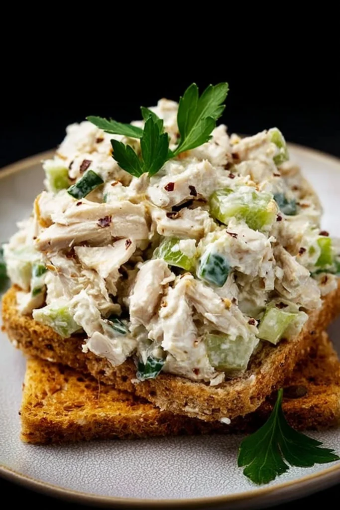 Fresh ingredients in classic chicken salad served in a bowl